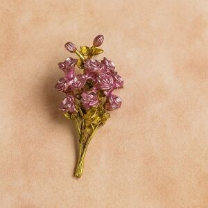 Pink Rose Bouquet Brooch - Enamel-Style Floral Gold Tone Pin Vintage Look